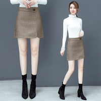 凡淑 格子毛呢半身裙2019秋冬新款高腰A字短裙女时尚包臀韩版ins裙子潮 HZ7011-886 卡其格子 S
