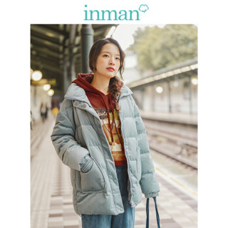 茵曼（INMAN）2019冬装新款时尚清新气质立领系带领宽松羽绒服女 18941|22042 灰蓝色 XL