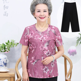 丽乔 2019夏季新款女装新品奶奶装短袖T恤宽松老太太衣服两件套装潮 WLPQXYY184 蓝色+裤子 3XL（120-135斤）