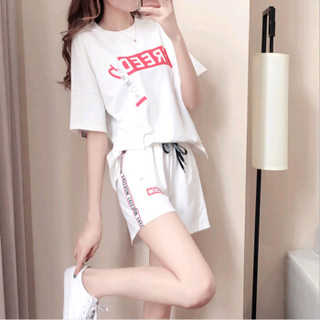 BANDALY 2019夏季女装新款韩版女士短袖T恤女上衣+短裤休闲运动两件套套装 JXALZX08 白色 M