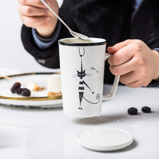 新居意 马克杯咖啡杯陶瓷杯子情侣水杯牛奶杯居家办公室茶杯早餐麦片杯 高冷喵 白色矮款 带盖带勺