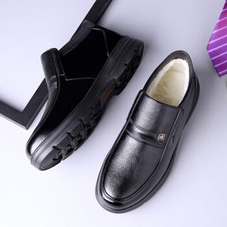 普若森（Precentor）男士商务休闲保暖加绒靴子高帮套脚中老年爸爸棉皮鞋1935 黑色 40