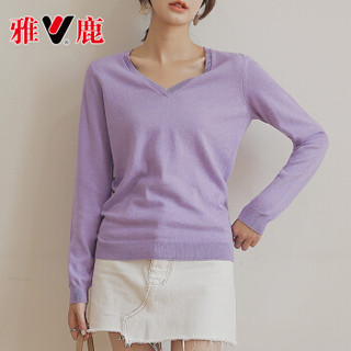 雅鹿 MY2398 韩范棉毛衣女套头针织衫纯色V领长袖上衣 紫色 XXXL