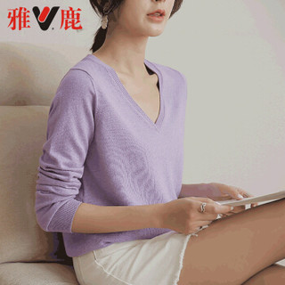 雅鹿 MY2398 韩范棉毛衣女套头针织衫纯色V领长袖上衣 紫色 XXXL