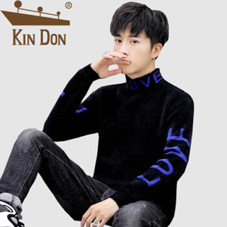 金盾（KIN DON）针织衫 男2019秋季新款休闲韩版潮流毛面高领字母印花打底衫 A303-MY6924 蓝色 M