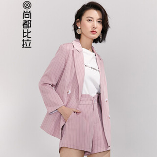 尚都比拉条纹西装短裤两件套装女2019女装新品九分袖上衣直筒裤子 193Z0126468 粉底条纹 S