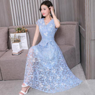 仙丫 2019夏季新款女装新品连衣裙女收腰显瘦藏肉中长款蕾丝连衣裙女 zx5DS10-2226 浅粉色 M