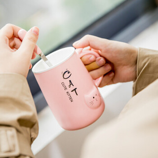 新居意 马克杯咖啡杯陶瓷杯子情侣水杯牛奶杯居家办公室茶杯早餐麦片杯 萌猫 粉色 带盖带勺