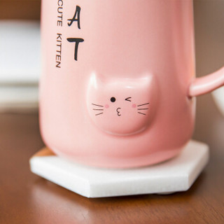 新居意 马克杯咖啡杯陶瓷杯子情侣水杯牛奶杯居家办公室茶杯早餐麦片杯 萌猫 粉色 带盖带勺