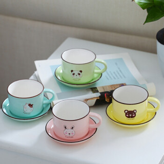 瓷工巧匠 卡通萌动物陶瓷咖啡杯具套装 马克水杯4杯4碟送铁架