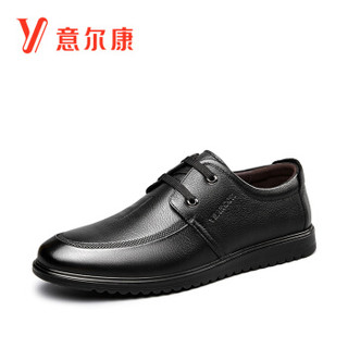 意尔康男鞋商务休闲鞋系带软面牛皮鞋日常舒适爸爸单鞋 9541AE76565W 黑色 44