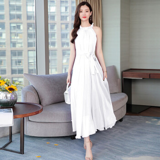 瑜珏（YuJue）沙滩裙女 2019夏季新款韩版海边度假雪纺大码显瘦吊带长裙 ALEF951 白色 均码