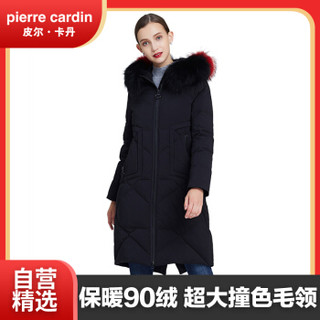 皮尔卡丹（pierre cardin）女羽绒服2019冬季时尚连帽大毛领中长款羽绒服23C1670 黑色M/165