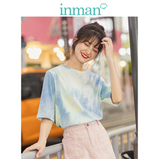 茵曼（INMAN）2019秋季新款圆领中袖时尚潮流扎染文艺休闲T恤女 F1893|022776 蓝色 S