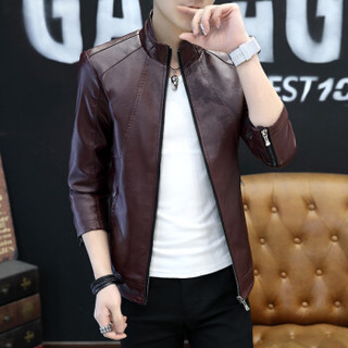 卡帝乐鳄鱼 (CARTELO) 皮衣男士2019年新款PU皮衣立领皮夹克青年韩版修身男装外套 酒红 2XL