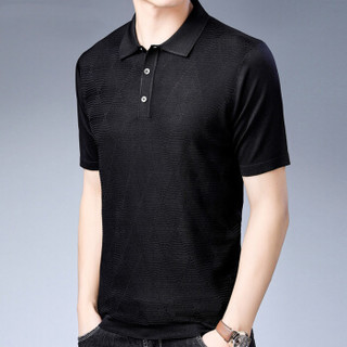 皮尔卡丹T恤男短袖夏季纯色宽松翻领图案薄款打底衫黑色 L