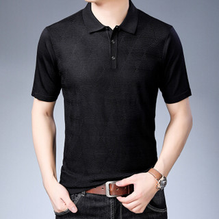 皮尔卡丹T恤男短袖夏季纯色宽松翻领图案薄款打底衫黑色 L
