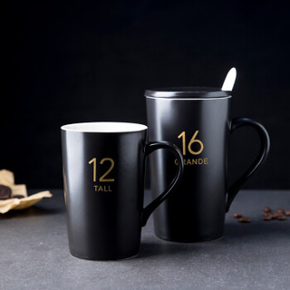 新居意 马克杯咖啡杯陶瓷杯子情侣水杯牛奶杯居家办公室茶杯早餐麦片杯 数字12 黑色 带盖带勺