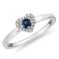 银联爆品日：Blue Nile 14k白金 小巧蓝宝石与钻石密钉心形戒指（3毫米）
