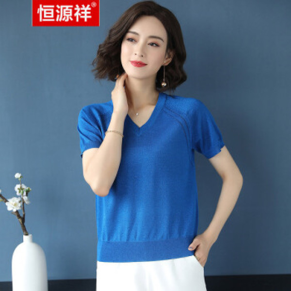 商品恒源祥女夏装针织衫v领短袖薄上衣宽松亮片冰丝上衣洋气打底t恤衫