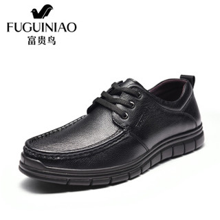 富贵鸟（FUGUINIAO）男士商务休闲头层牛皮鞋软面轻便舒适系带S909122 黑色 42