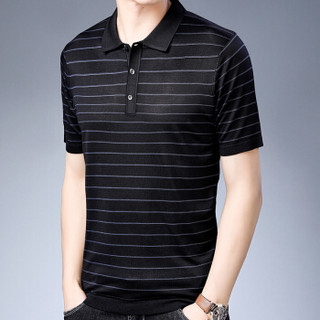 皮尔卡丹夏季男士短袖T恤薄款翻领时尚针织条纹显瘦短袖上衣T恤黑色 L