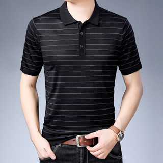 皮尔卡丹夏季男士短袖T恤薄款翻领时尚针织条纹显瘦短袖上衣T恤黑色 L