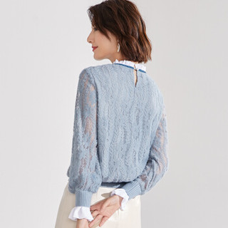 尚都比拉（Sentubila）撞色荷叶领蕾丝衫2019新品时尚通勤 Q91S0624172 灰蓝色 XL