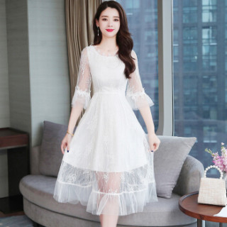 新品女装连衣裙时尚性感优雅网纱显瘦蕾丝连衣长裙 zx4425-5922 白色