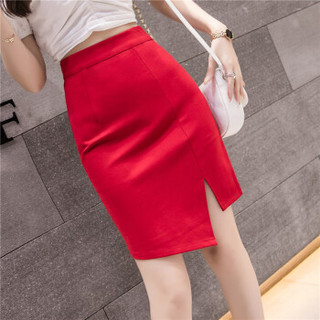 新薇丽（Sum Rayleigh）不规则包臀裙 2019夏季新款韩版开叉高腰短裙弹力一步职业包裙 GGSS5633 红色 XL