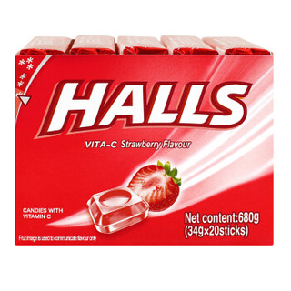 荷氏 HALLS 维果-C 清凉零食糖果 草莓口味维生素C水果味糖 34g*20条装 (整盒发货)