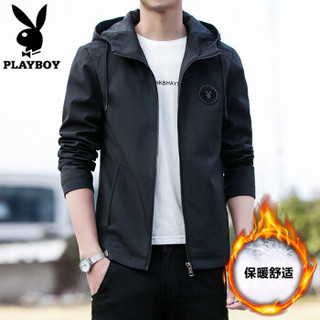 花花公子（PLAYBOY）夹克男士2019秋冬时尚连帽披风外套休闲修身纯色茄克 黑色(加绒) L