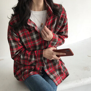 朗悦女装 2019秋季新款长袖衬衫女学生韩版宽松复古格子衬衣 LWCC191190 红色 XL