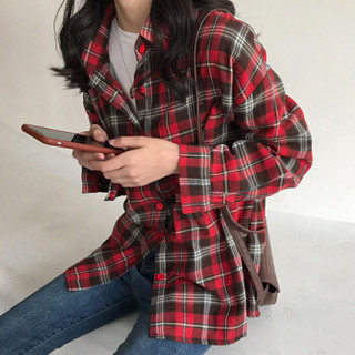 朗悦女装 2019秋季新款长袖衬衫女学生韩版宽松复古格子衬衣 LWCC191190 红色 XL
