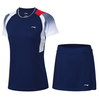 李宁（LI-NING）新款运动短袖套装速干面料女子队服羽毛球服套装半袖上衣短裤 AATP018-3 蓝 2XL码/180