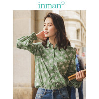 茵曼（INMAN）2019秋装新款翻领文艺复古灯笼袖碎花衬衫女 18930|11026 草绿色 XL