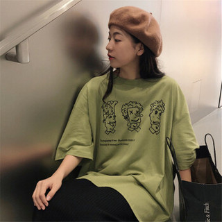 曼如芬 中长款宽松短袖T恤女 2019夏季新款韩版圆领动漫印花上衣潮 HYZF12605 绿色 L