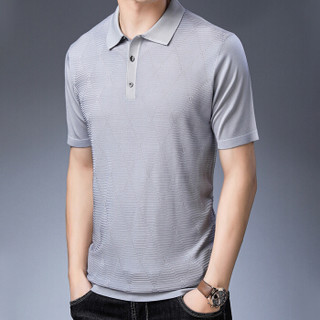 皮尔卡丹T恤男短袖夏季纯色宽松翻领图案薄款打底衫浅灰 XL