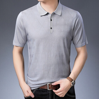 皮尔卡丹T恤男短袖夏季纯色宽松翻领图案薄款打底衫浅灰 XL