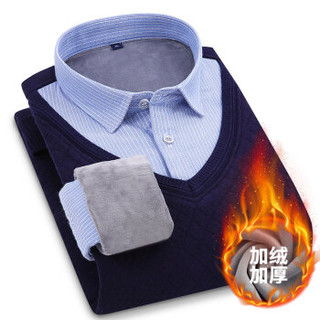 凯撒 KAISER 保暖衬衣男加绒加厚格子长袖衬衫毛衣针织衫修身弹力 BN51衬衫袖蓝白条 2XL