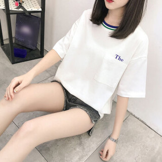 朗悦女装 2019夏季新款纯色短袖T恤女学生韩版宽松上衣 LWTD193152 白色 M