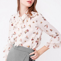 一塘晨2019秋季新款女装简约领口系带装饰碎花图案荷叶袖设计小清新衬衫 S91R1452CA28XL 花色XL