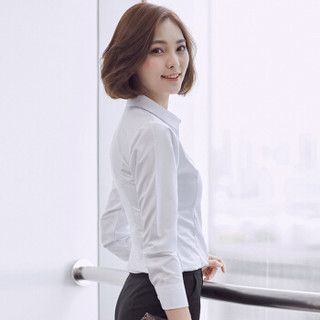 特洛曼长袖衬衫女职业韩版修身纯色翻领OL气质正装工装白衬衣JH12321  S