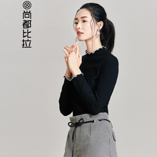 尚都比拉（Sentubila） 百搭花边半高领针织T恤女2019新款纯色打底上衣 174T0718336 黑色 S