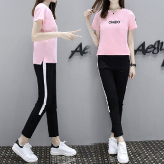莉夏乐 2019夏季新品女装T恤时尚运动服套装休闲服短袖两件套韩版衣服 GZDZFS7424 662白色-九分裤 S