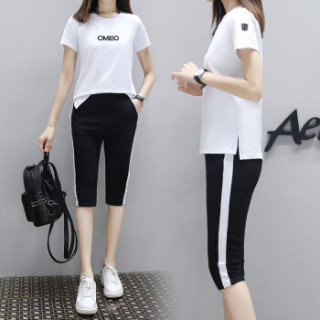 莉夏乐 2019夏季新品女装T恤时尚运动服套装休闲服短袖两件套韩版衣服 GZDZFS7424 662白色-九分裤 S