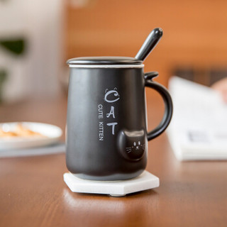 新居意 马克杯咖啡杯陶瓷杯子情侣水杯牛奶杯居家办公室茶杯早餐麦片杯 萌猫 黑色 带盖带勺