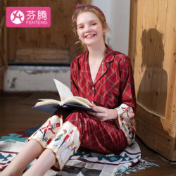 芬腾 睡衣女20年春夏新品仿丝趣味印花格纹长袖翻领宽松家居服套装女 枣红格 L