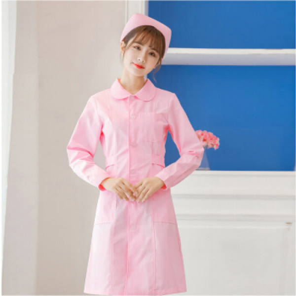麦肯麒 2019秋季新品女装护士服长袖粉色白大褂短袖娃娃领修身圆领