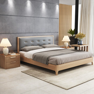 A家家具 床 北欧实木框架板式双人床 简约朴素卧室家具带软靠架子床  1.8米床+床垫*1+床头柜*1 Y003